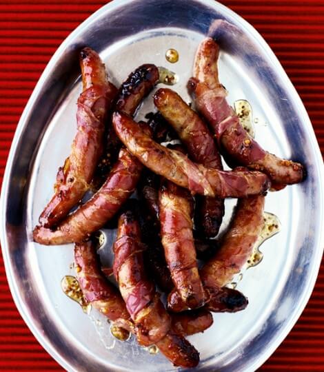 Delicious magazine’s maple and mustard sausages wrapped in pancetta