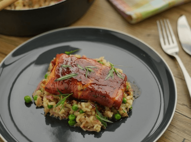 Sunday Brunch maple glazed salmon and ham hock risotto