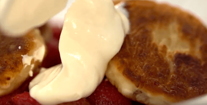 cream cheese fritters, English strawberries and maple syrup