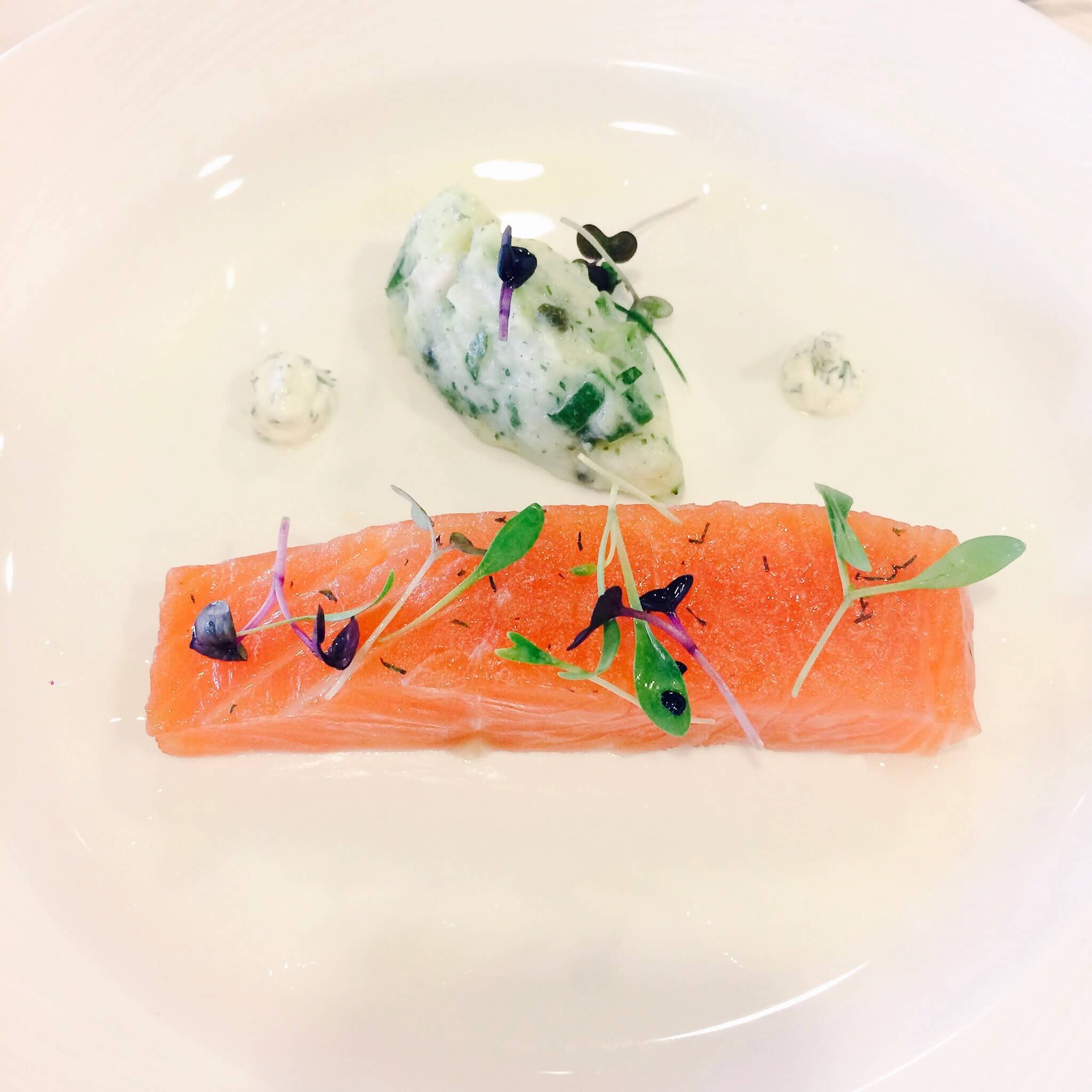 Maple cured salmon, using maple sugar, lemon and dill crème fraiche, tartare potato