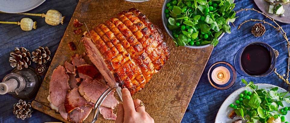 Olive magazine's baked sweet mustard gammon, topped with a beautiful maple syrup and wholegrain mustard glaze