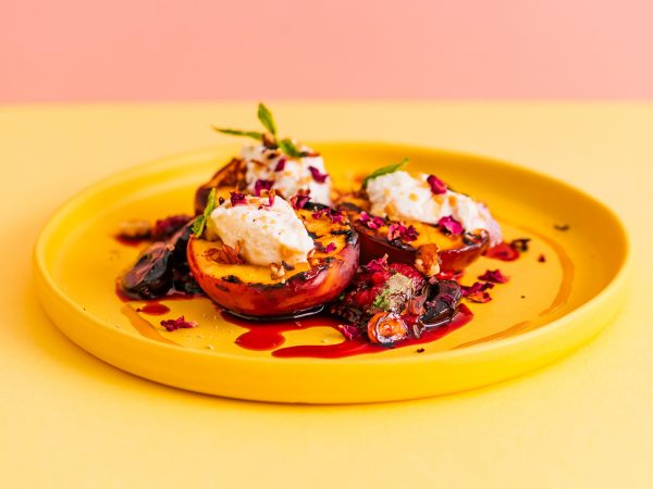 BBQ grilled summer fruits with maple syrup