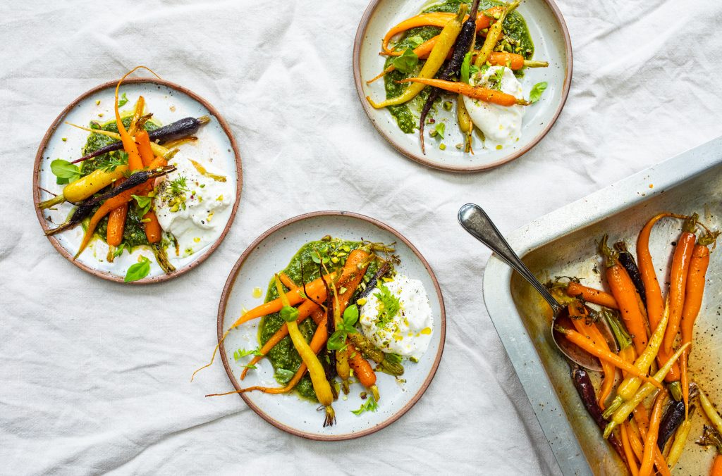 Maple Syrup Roasted Carrots, Burrata & Pesto Maple from Canada