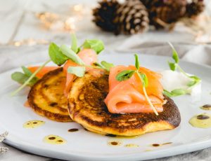 Sweet Potato Pancakes, Maple Glaze and Smoked Salmon