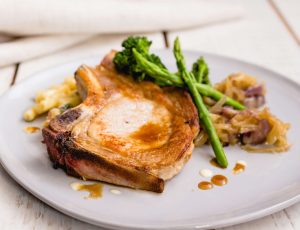 Pork chops with maple caramelised onions