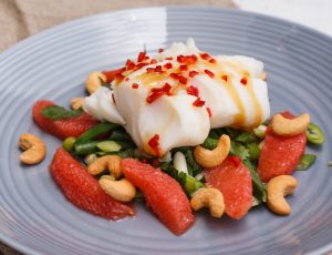 Poached cod fillet with maple dressing