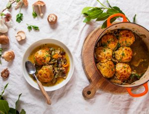 Mushroom bourguignon with cheddar and maple scones