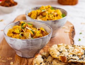 Roasted tofu and cauliflower with maple korma sauce