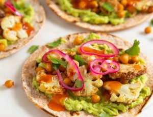 Roasted Cauliflower, Chickpea and Maple Tortillas with Avocado Mash and Pink Pickled Onion