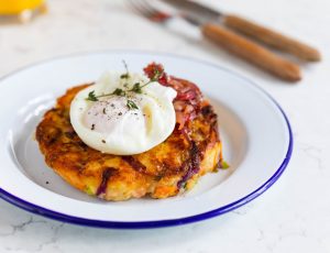 Sweet and savoury maple and bacon potato rostis