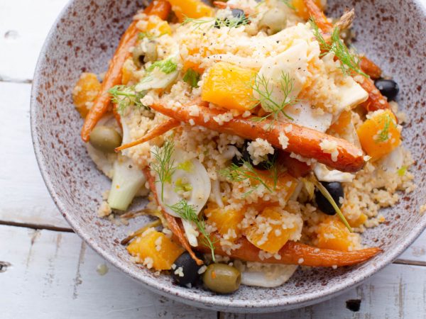 Maple and citrus bulgar wheat salad with baby carrots and fennel