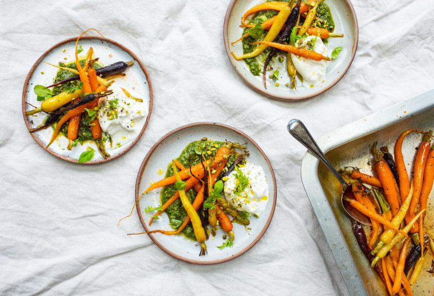 Georgina Hayden's Maple roasted carrots, burrata and pistachio pesto