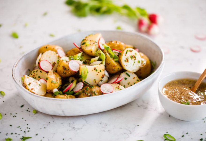 New potato salad with maple mustard dressing.