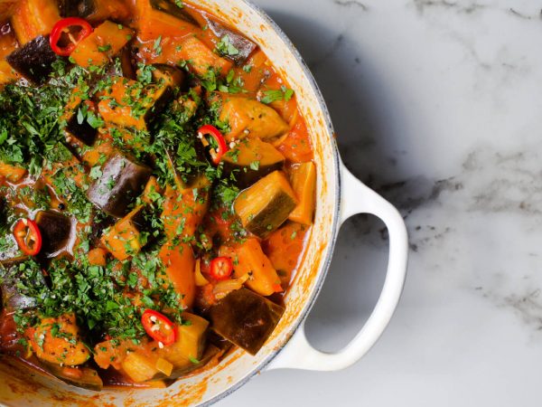 Vegan aubergine and maple syrup hot pot