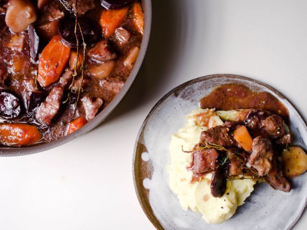 Maple syrup beef casserole with winter root vegetables