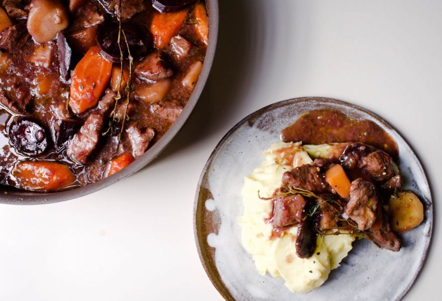 Maple syrup beef casserole with winter root vegetables