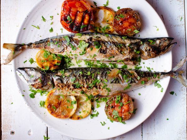 Maple and soy glazed mackerel; seafood