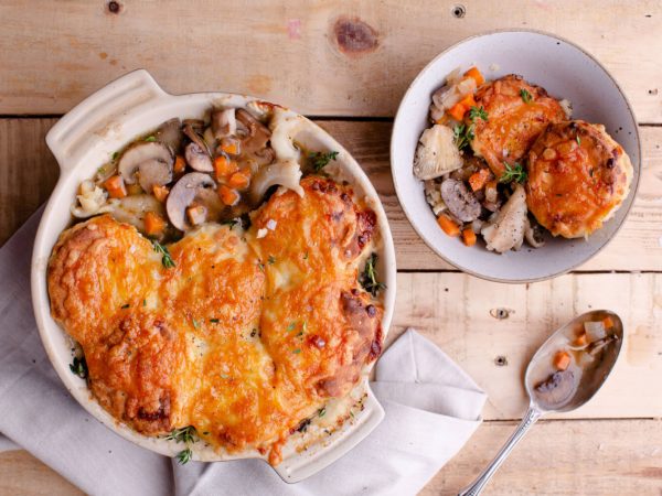 Mushroom “bourguignon” with Cheddar and maple syrup scone topping