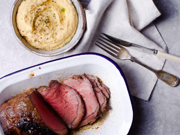 Sweet spiced roast beef with maple syrup chickpea mash