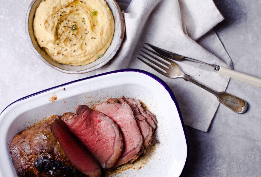 Sweet spiced roast beef with maple syrup chickpea mash