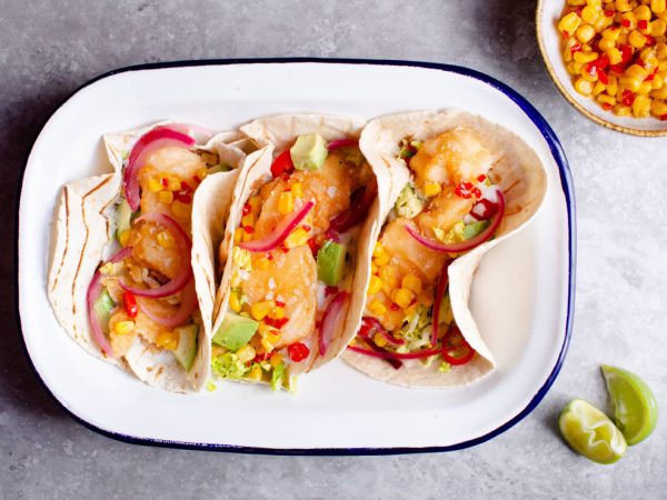 Tempura fish tacos with maple and sweetcorn relish