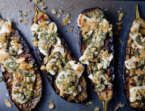Baked Aubergine, Halloumi and Herby Maple Crumb