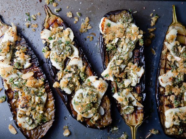 Baked aubergine, halloumi and herby maple crumb