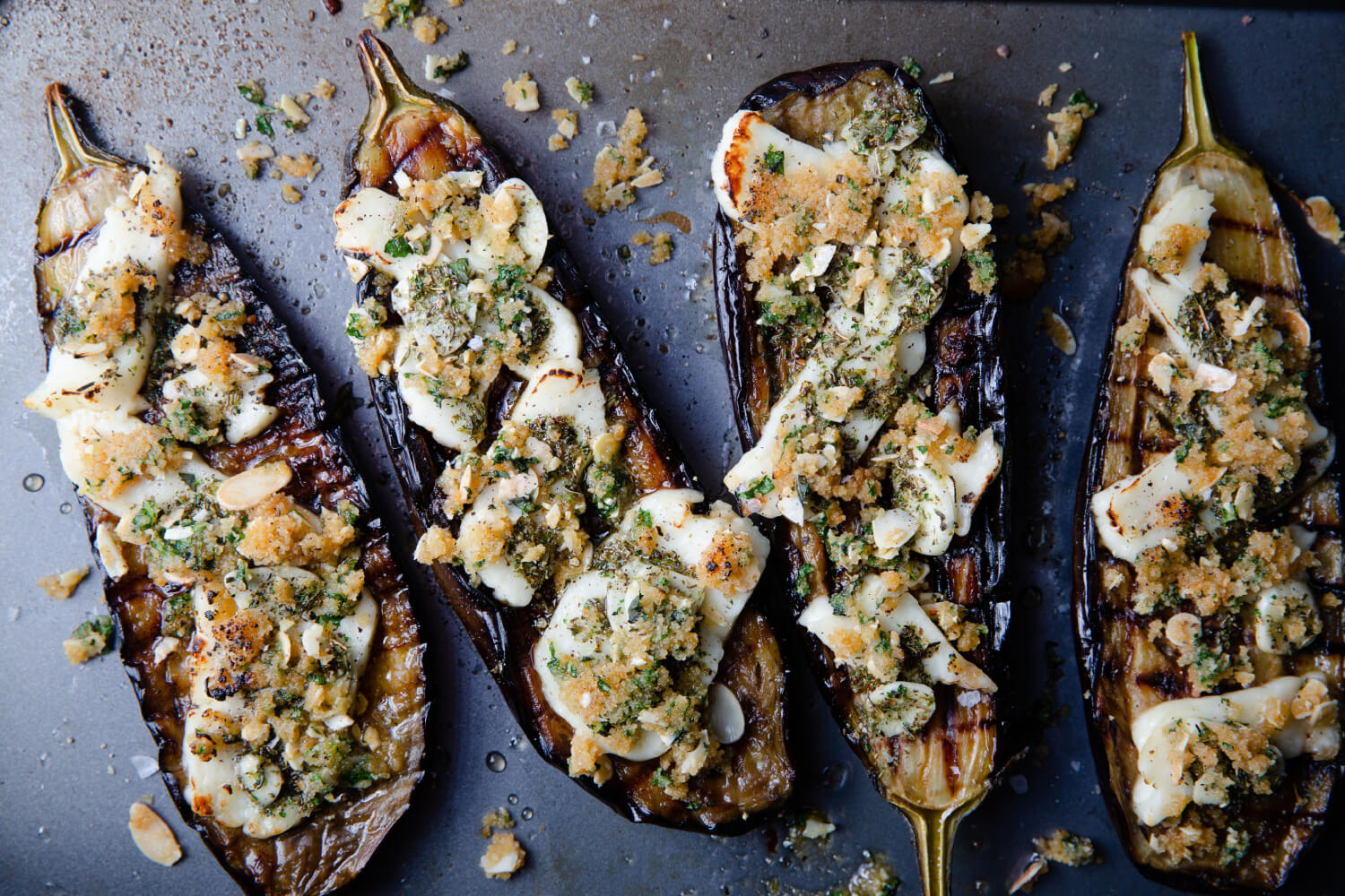 Baked aubergine, halloumi and herby maple crumb