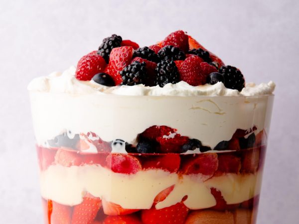 British summer fruit trifle with maple syrup