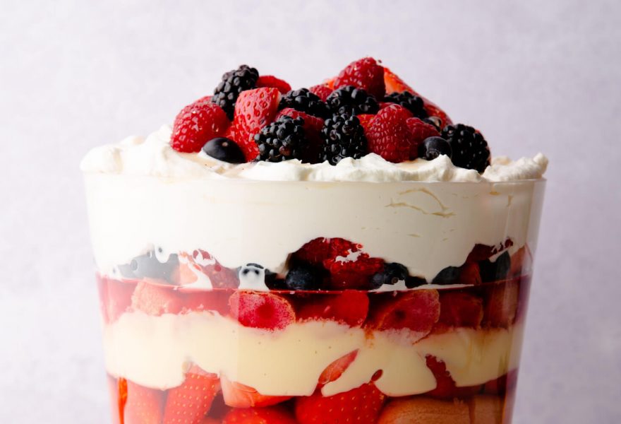 British summer fruit trifle with maple syrup