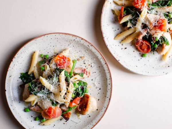 Chicken, bacon, and pea penne with maple