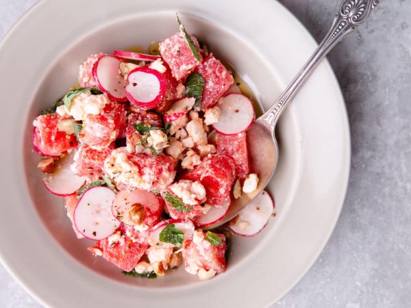 Watermelon, feta and radish salad with maple dressing