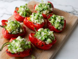 Roasted Red Peppers, Stuffed with Broccoli and Maple Tabbouleh