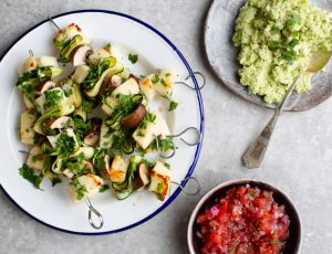 Halloumi Kebabs with Sweet Pepper and Maple Relish and Broad Bean Hummus