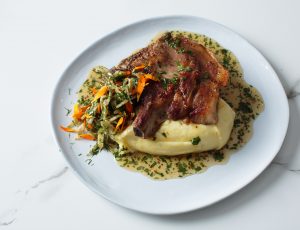 James Golding&#8217;s Maple Grilled Pork Chop with Whipped Potatoes, Pickled Maple Vinegar Fennel Salad