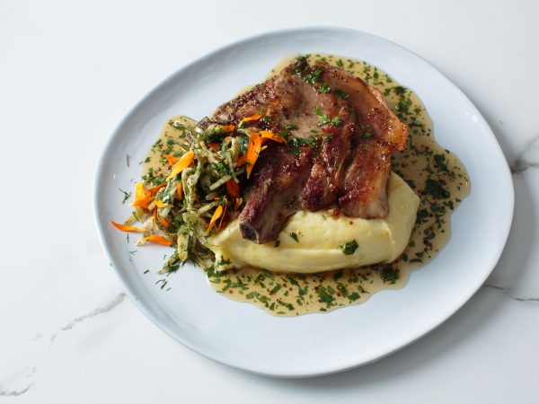 Maple Grilled Pork Chop with Whipped Potatoes, Pickled Maple Vinegar Fennel Salad