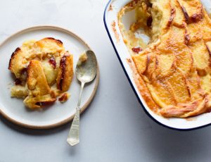 Apple and maple brioche butter pudding