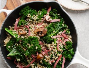 Mushrooms, Kale and Barley with Fresh Herbs, Maple and Pastrami