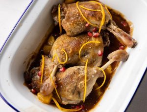 Roasted Duck Legs with Orange and Pomegranate Sauce