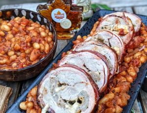 The Smokin Elk’s Bacon Wrapped Stuffed Pork Fillet with a Maple BBQ Sauce Glaze and Maple BBQ Beans