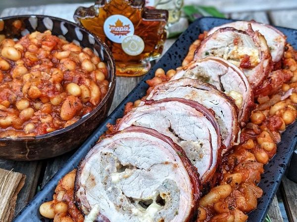 Bacon Wrapped Stuffed Pork Fillet with a Maple BBQ Sauce Glaze and Maple BBQ Beans