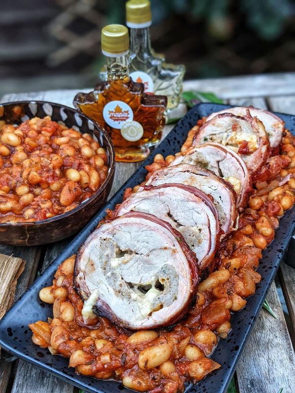 The Smokin Elk’s Bacon Wrapped Stuffed Pork Fillet with a Maple BBQ Sauce Glaze and Maple BBQ Beans 