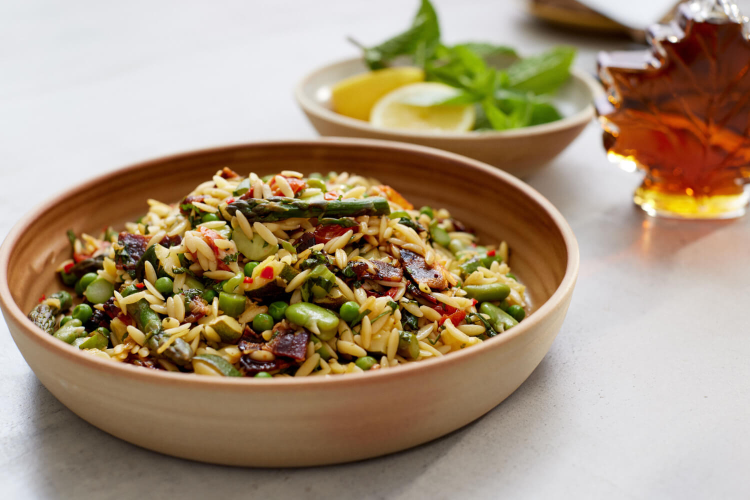 Maple and Chilli Candied Bacon with Summer Vegetable Orzo - Maple from Canada