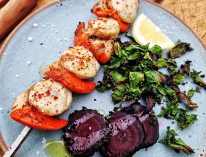 Country Wood Smoke’s Maple and Chilli Glazed Scallops with Beetroot and Kale