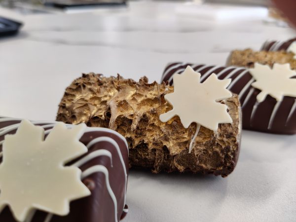 Chocolate mini rolls with a maple cream cheese filling with gold and white chocolate decoration maple leaf