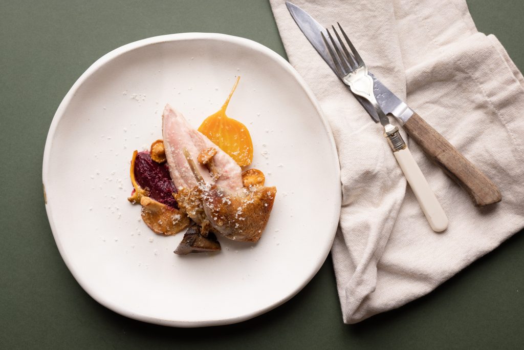 Peter McKenna's Maple Grouse, Confit Leg, Beetroot, Cep, and Hazelnut - Maple from Canada