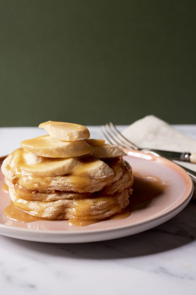 Banana Soufflé Pancakes with Fresh Banana and Maple Caramel Maple