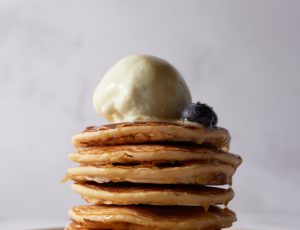 Vegan American-Style Pancakes with Vegan Maple Ice Cream and Blueberries