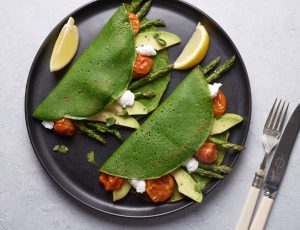 Roasted Vegetables in Spinach and Maple Pancakes