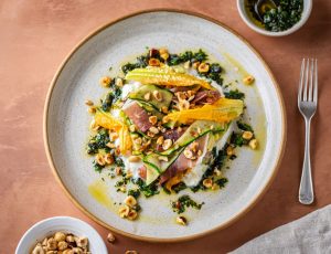 James Golding&#8217;s Courgette Salad with Citrus Ricotta, King Peter Ham and Maple Dressing